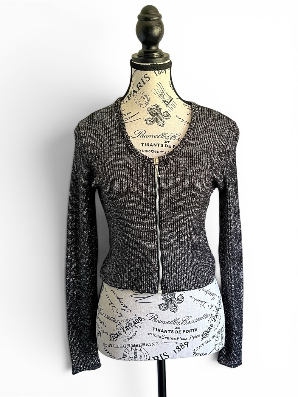 🇨🇦 Vintage Y2K Le Château Silver Gray Metallic Ribbed Knit Zip Cardigan Black